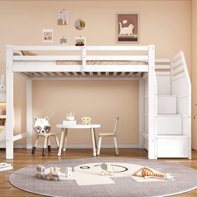 Tanant - Lit mezzanine 90x200cm, lit enfant avec sommier à lattes, escalier de rangement, barrière de sécurité, design moderne, certifié EN747, Blanc
