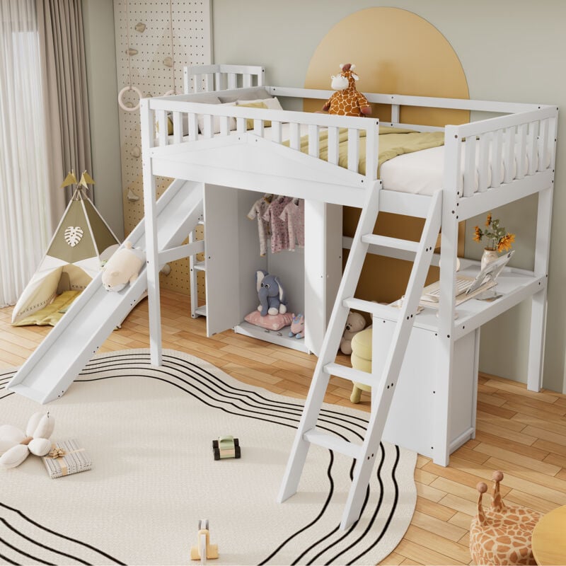 Fortuna Lai - Lit mezzanine 90x200cm - lit enfant avec sommier à lattes, table et armoire, toboggan, échelles - pin+MDF+contreplaqué, blanc