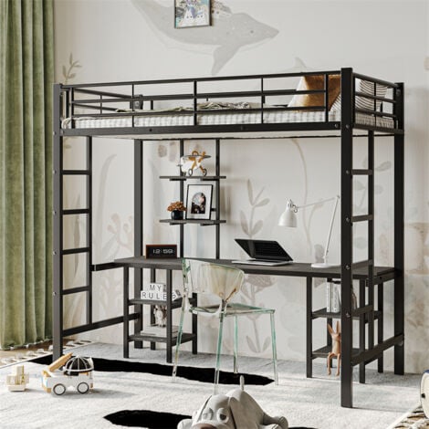 FORTUNA LAI Lit mezzanine 90x200cm, lit enfant avec table, étagères et échelle, grille antichute, fer + MDF, noir