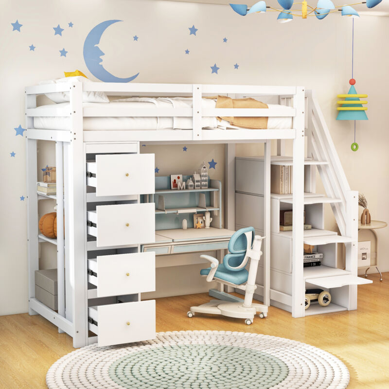 Hauss Spole - Lit enfant 90x200cm, lit mezzanine avec 4 tiroirs, étagères de rangement, rangement escalier, sans matelas, blanc