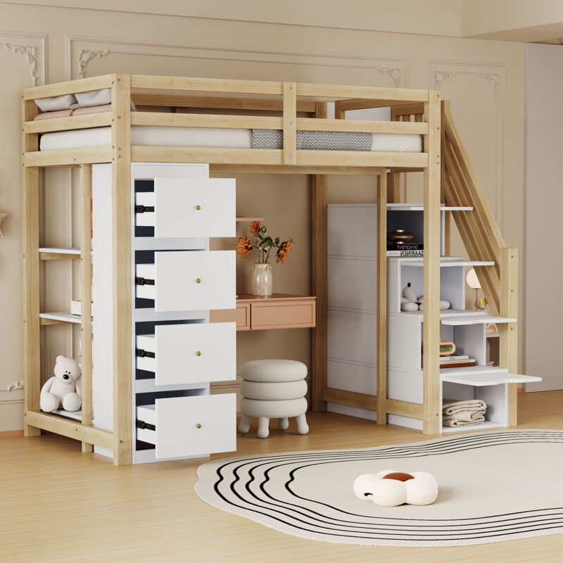 Hauss Spole - Lit enfant 90x200cm, lit mezzanine avec 4 tiroirs, étagères de rangement, rangement escalier, sans matelas, blanc+naturel