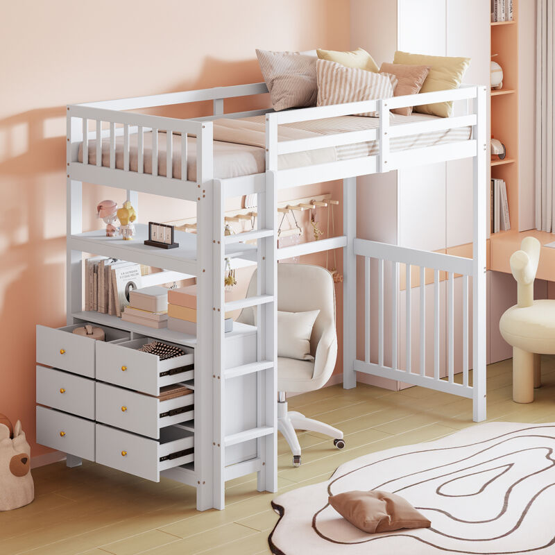 Hauss Spole - Lit mezzanine 90x200cm, lit enfant avec tiroirs et étagères de rangement, pin, lit simple, blanc