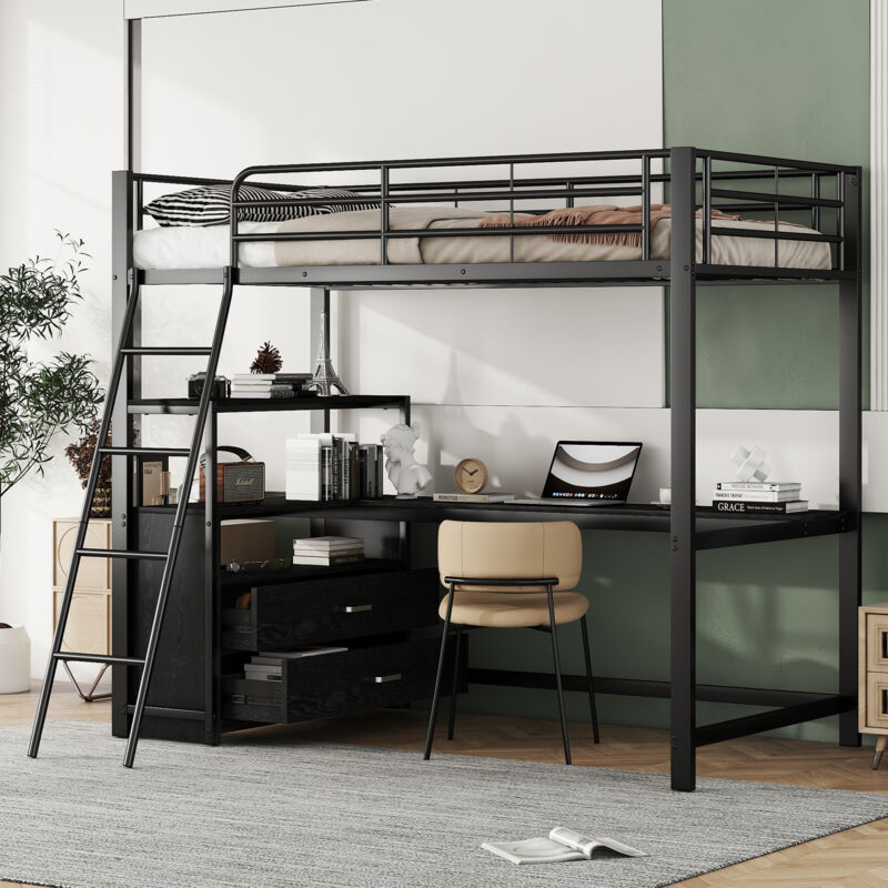 Lit mezzanine 90x200cm - lit enfant avec tiroirs pratiques, bureau en l - design stratifié - en métal noir