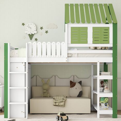 Lit mezzanine 90x200cm - lit enfant avec toit et fenêtre, rangement avec armoire, étagère et échelle, pin + MDF, blanc + vert