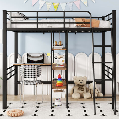 Lit mezzanine 90x200cm - lit enfant en fer avec bureau, plusieurs étagères, balustrade, échelle, sans matelas - noir