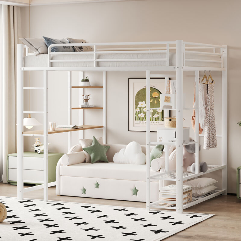 Lit mezzanine 90x200cm - Lit enfant en métal avec échelle, table avec cintres simples et compartiments de rangement - blanc