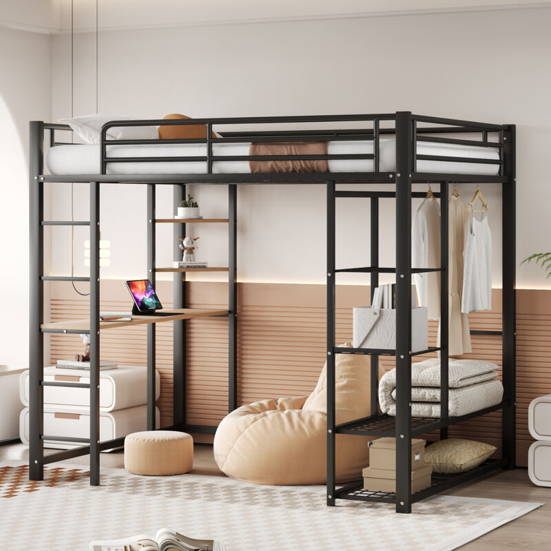 Lit mezzanine 140x200cm - Lit enfant en métal avec échelle, table avec cintres simples et compartiments de rangement - noir