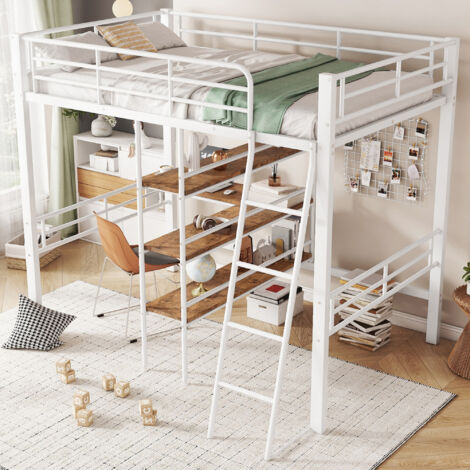 Lit mezzanine 90x200cm, lit enfant fer, bureau sous lit, étagère de rangement, balustrade, sans matelas, blanc