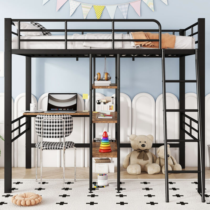 Hauss Spole - Lit mezzanine 90x200cm, lit enfant fer, bureau sous lit, étagère de rangement, balustrade, sans matelas, noir