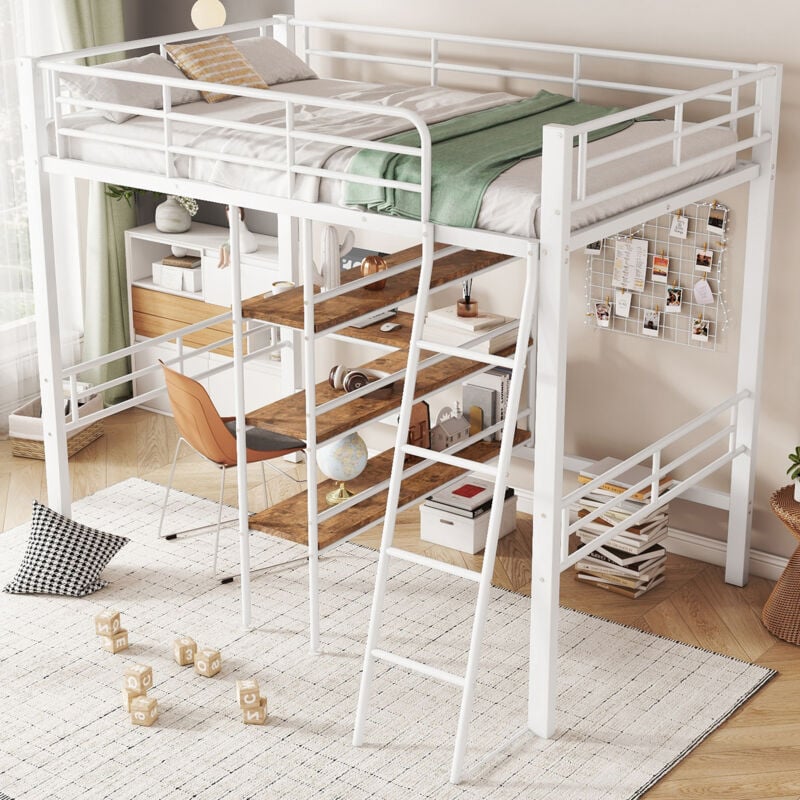 Hauss Spole - Lit mezzanine 90x200cm, lit enfant fer, bureau sous lit, étagère de rangement, balustrade, sans matelas, blanc