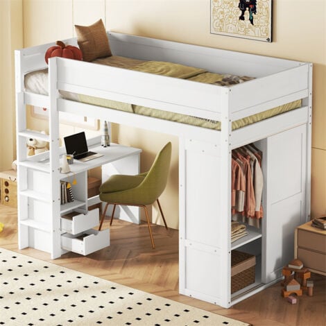 FORTUNA LAI Lit mezzanine 90x200cm, lit enfant polyvalent, équipé d'armoire, bureau et tiroirs, échelle, sommier à lattes, pin, blanc