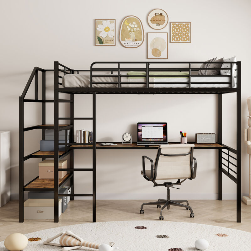 Hauss Spole - Lit mezzanine 90x200cm, lit enfant, support de rangement escalier, bureau, sans matelas, structure en fer, noir