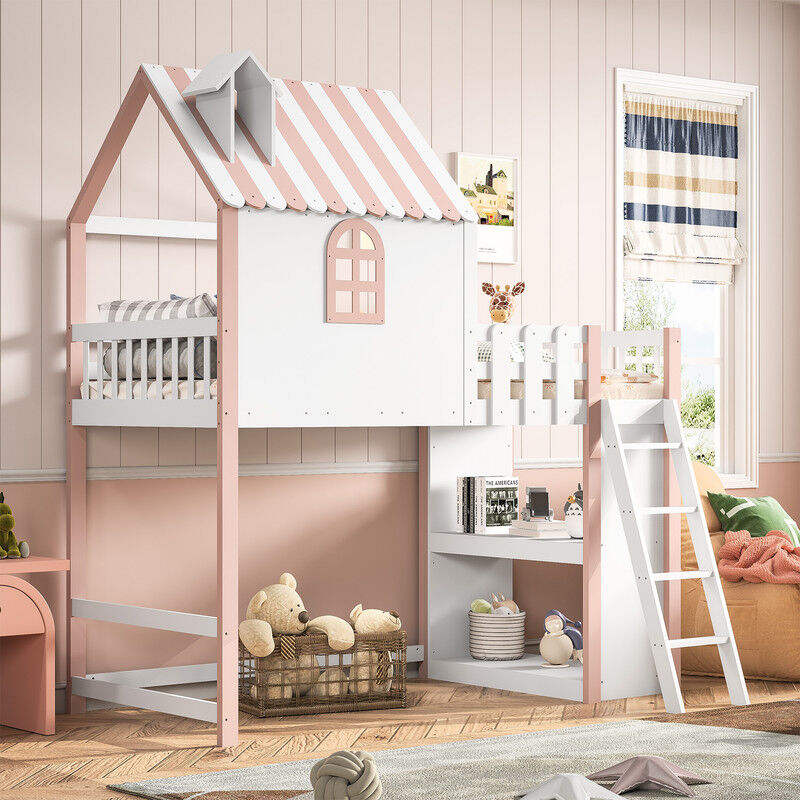 Blanketswarm - Lit mezzanine 90x200cm, Lit mezzanine 1 place avec rangement, Lit enfant avec clôture et escalier, Lit mezzanine enfant avec toit,