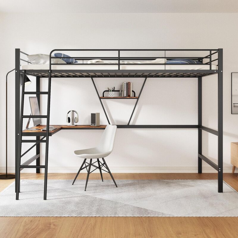Lit mezzanine 90x200cm, lit simple avec bureau et étagère en l, style industriel, cadre de lit en métal, adapté aux chambres d'adolescents et