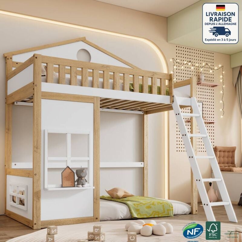 Modfu - Lit mezzanine 90x200cm Lit simples pour enfants avec fenêtre et étagère, pin + mdf, sans matelas, blanc + naturel