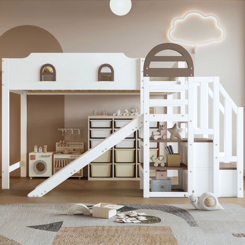 Lit mezzanine 90x200cm, lit enfant avec toboggan, escalier avec 2 rangements, anti-chute, sommier à lattes en bois, rangement, pin, pour ados et