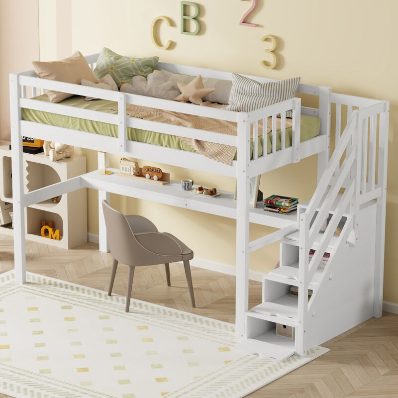 Lit mezzanine 90x200cm, lit surélevé pour enfant, escalier à droite avec tiroirs de rangement et bureau sous le lit, blanc