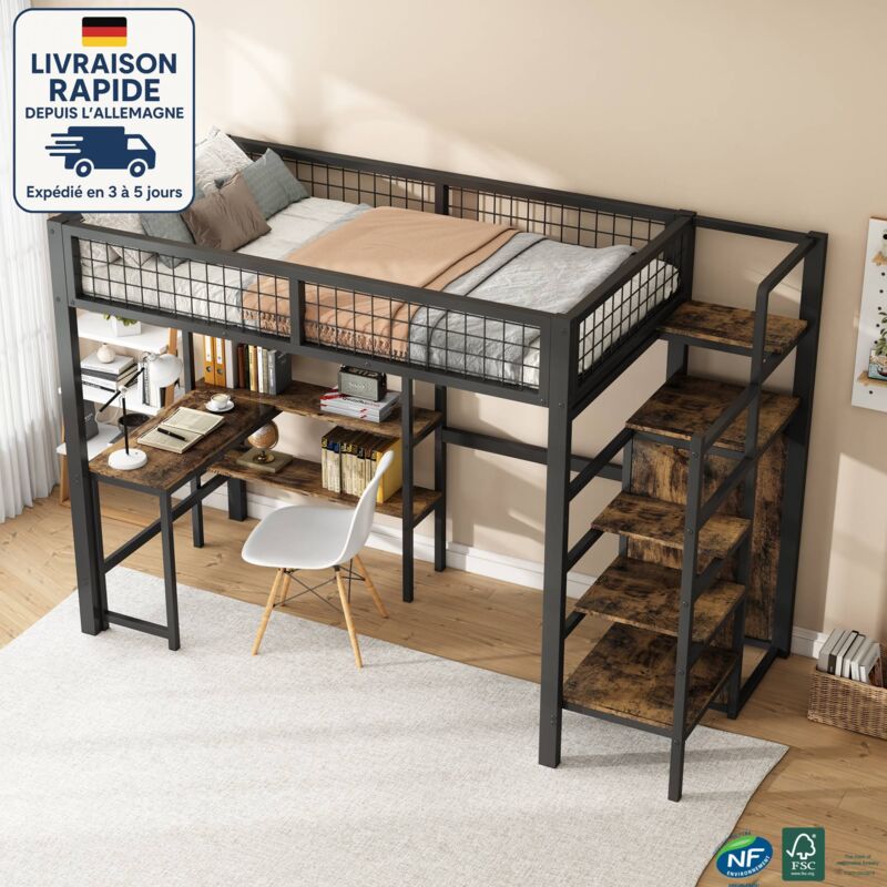 Lit mezzanine 90x200cm, métal, lit enfant avec armoire ouverte, lit simple avec bureau et étagère, sans matelas, noir + marron