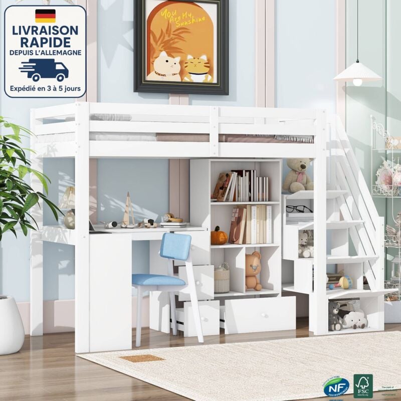 Modfu - Lit mezzanine 90x200cm, pin, sans matelas, nombreux rangements, blanc, lit enfant avec bureau