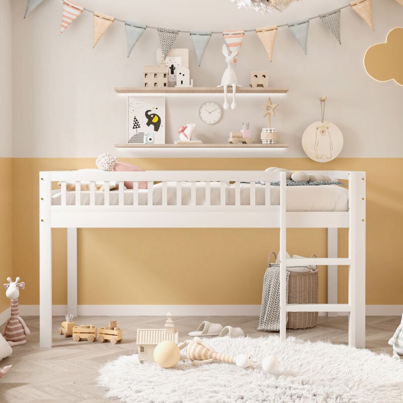 Lit mezzanine 90x200cm pour enfant, lit mezzanine escalier bas, lit enfant en bois avec sommier à lattes, blanc