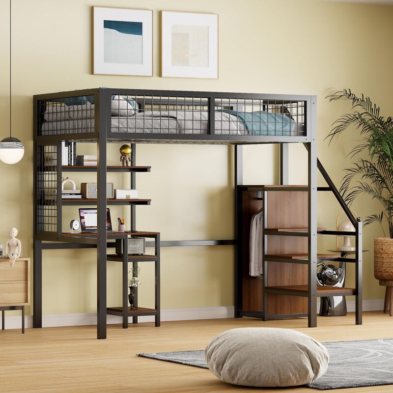 lit mezzanine 90x200cm, avec armoire, bureau, cadre en fer, échelle, lit pour jeunes, lit enfant - noir - noir