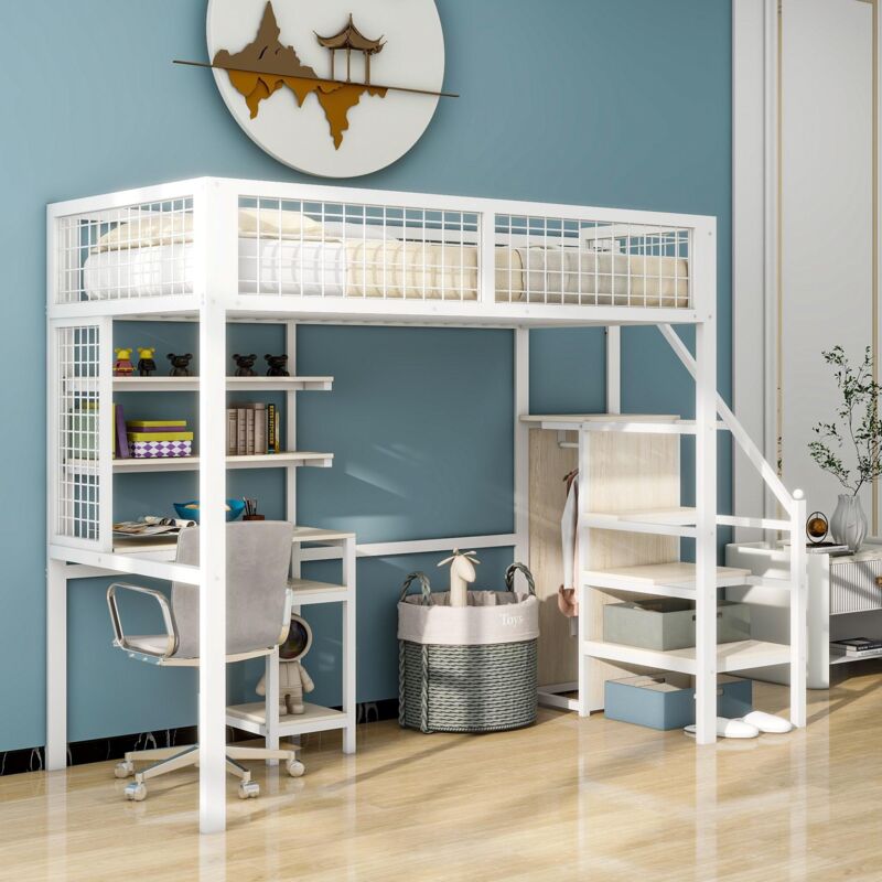 lit mezzanine 90x200cm, avec armoire, bureau, cadre en fer, échelle, lit pour jeunes, lit enfant - blanc - noir