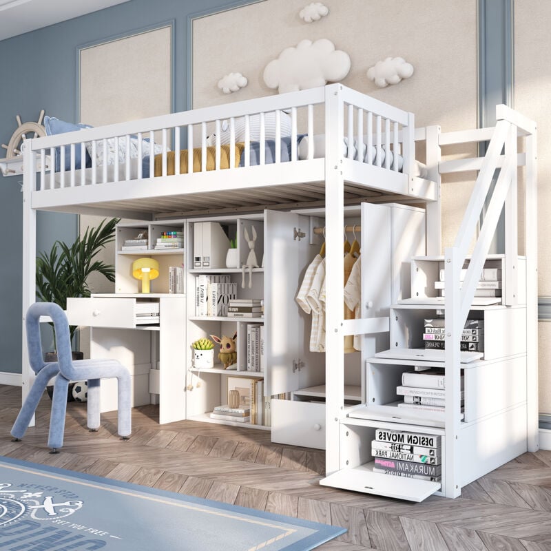 Lit mezzanine 90x200cm sans matelas, avec nombreux rangements, avec penderie, lit enfant, bois + mdf, blanc