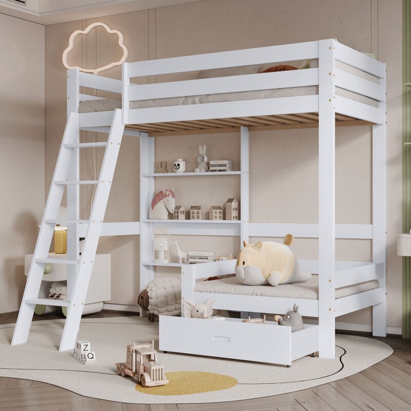 Modfu - Lit mezzanine 90x200cm sans matelas, en bois, lit enfant avec étagère et 1 tiroir, lit simple avec canapé simple