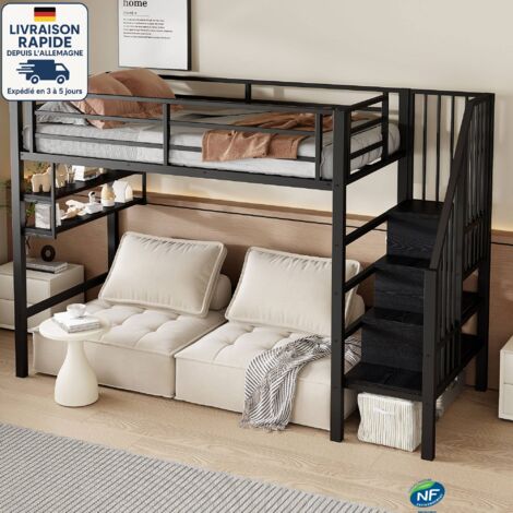 Lit mezzanine 90x200cm - scandinave - Métal - Espace de rangement des deux côtés -Noir