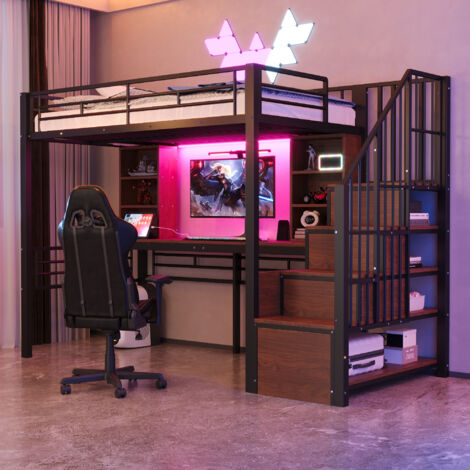 Lit mezzanine 90x200cm,étagère,bureau,douille européenne,LED,escalier rangement gauche/droite,rail sécurité,cadre fer,noir
