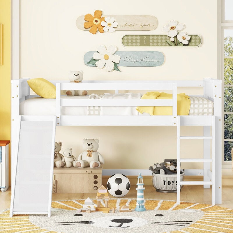 Sureh - Lit mezzanine 90x200cm, lit enfant superposés avec toboggan et échelle, lit maison lit superposé, pin+MDF - Blanc