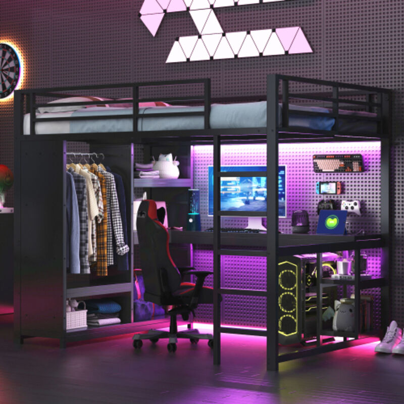 Lit mezzanine adulte 140x200 cm avec éclairage LED, bureau, penderie ouverte et compartiments de rangement, en métal, sans matelas, noir