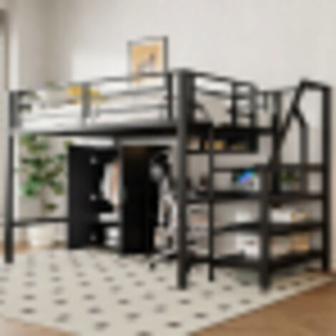 Lit mezzanine adulte 140x200 cm avec penderie, étagères, escalier de rangement, bureau, sans matelas, noir