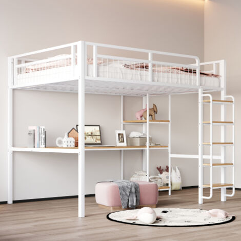 Lit mezzanine adulte 140x200 cm avec table et étagère, barrière de sécurité en grillage métallique, sans matelas, blanc