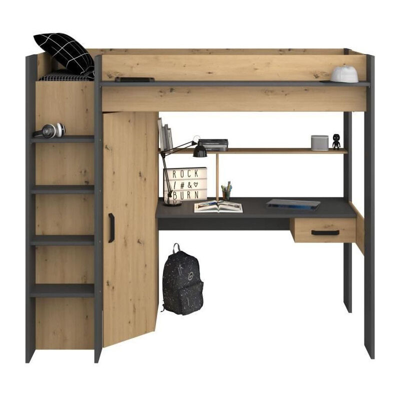 Les Tendances - parisot Lit combine mezzanine enfant - Decor chene et gris - Sommier inclus - 90 x 200 cm - high
