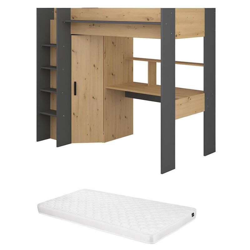 Vente-unique - Lit mezzanine avec bureau et armoire - 90 x 200 cm - Coloris : Chêne et anthracite + matelas - auckland