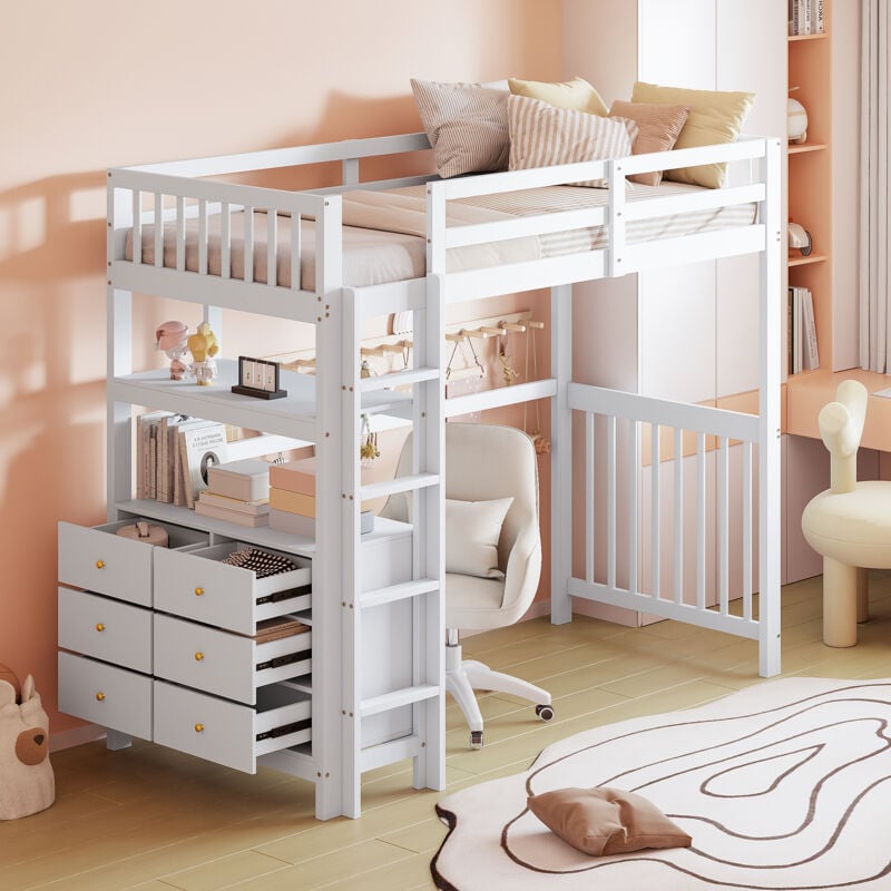 Wishdor - Lit mezzanine avec bueau, lit mezzanine 90x200 cm avec 6 tiroirs et étagères, cadre de lit en bois de pin, blanc