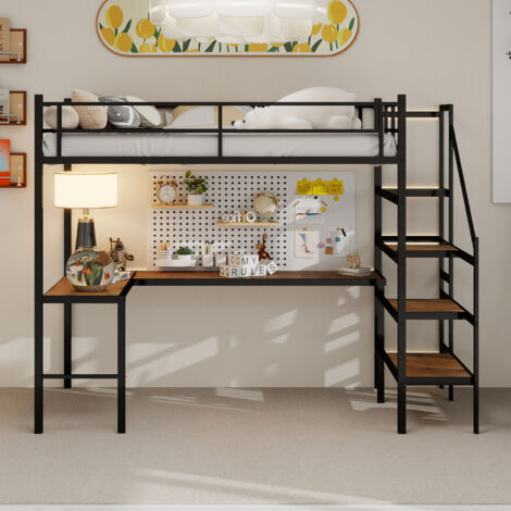 Lit mezzanine avec bureau en L, grand espace de rangement et étagères, cadre de lit robuste avec escalier, rambarde continue, gain de place, silencieux, sans plumes d'éléphant