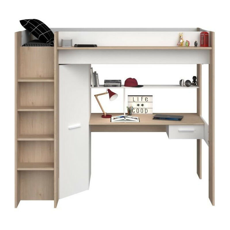 Vente-unique - parisot high Lit combiné mezzanine enfant - Décor chene et blanc - Sommier inclus - 90 x 200 cm