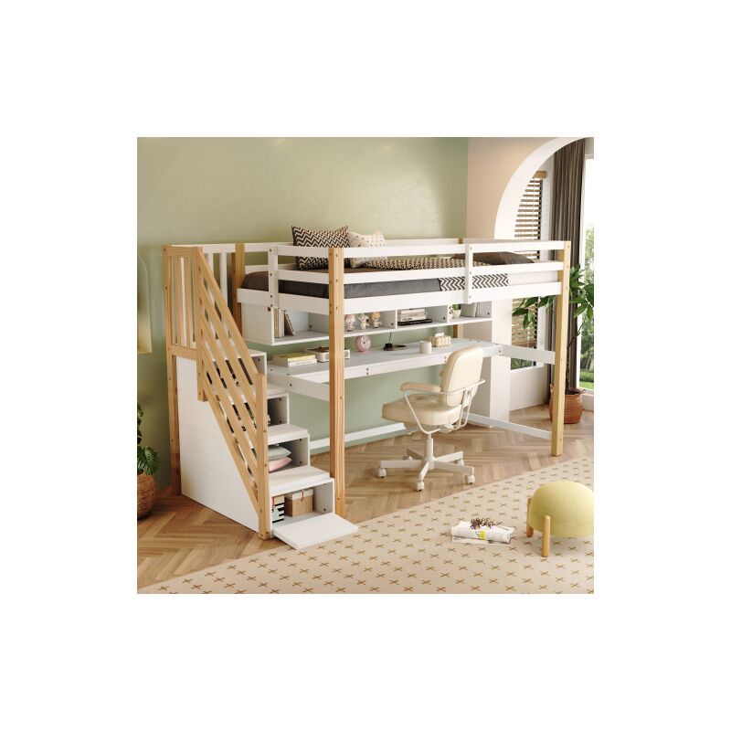 Wishdor - Lit mezzanine avec bureau, lit mezzanine 90x200 avec escalier et étagères, blanc
