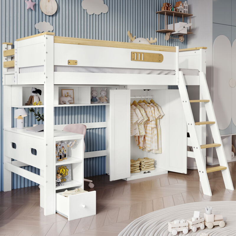 Wishdor - Lit mezzanine avec bureau, lit mezzanine enfant 90x200 cm avec grille antichute, armoire, étagère ouverte, échelle, blanc et naturel