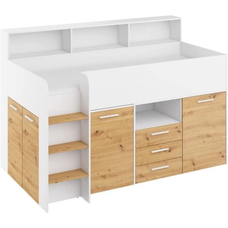 Lit mezzanine avec bureau NEO gauche blanc / chêne artisanal