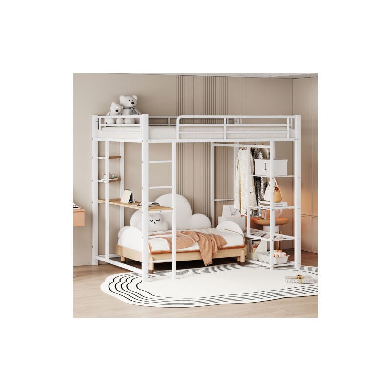 Lit mezzanine 140x200 cm lit double avec échelle, table à suspensions, cintres simples et rangements, en métal blanc, sans matelas