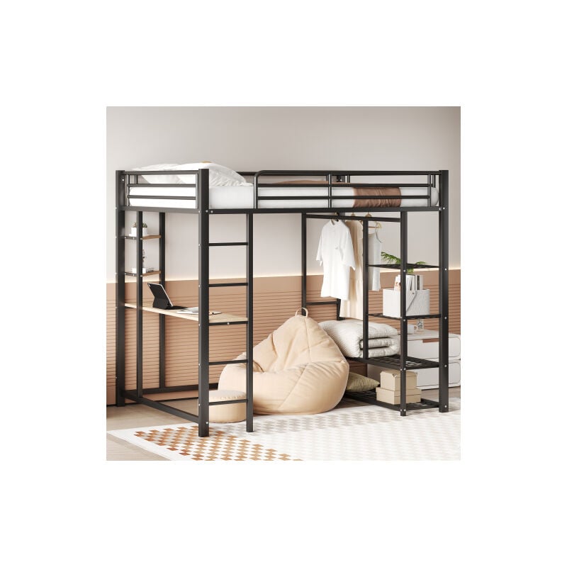 Lit mezzanine en métal avec échelle 140200 cm, lit junior lit double avec table avec cintres simples avec compartiments de rangement, noir