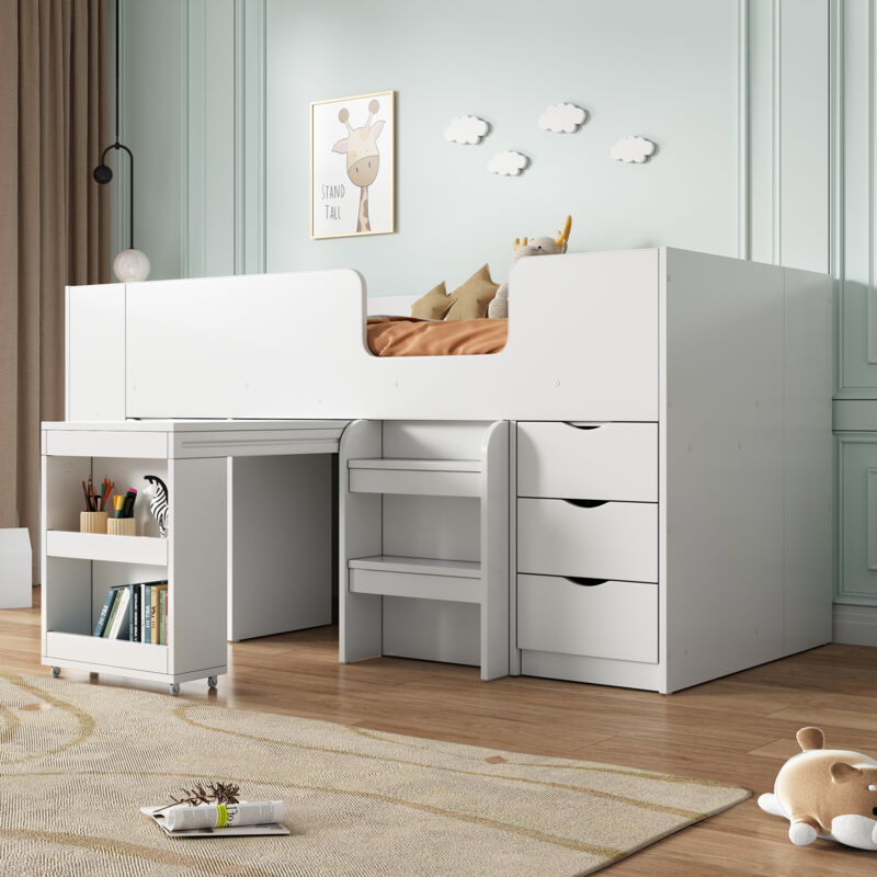 Lit mezzanine, avec échelle, tiroir, bureau coulissant, placard amovible, grand placard de rangement, 90x200cm, MDF, blanc (sans matelas)