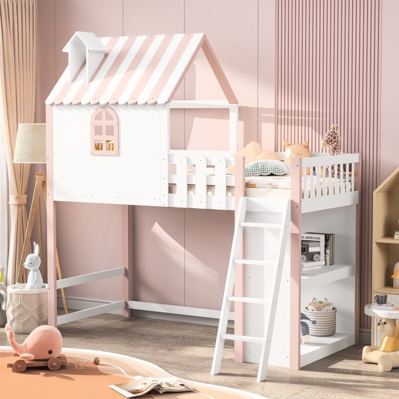 Lit mezzanine - lit enfant 90x200 cm, avec escalier, fenêtre, cheminée, étagères de rangement ouvertes, sommier à lattes, lit mi-hauteur, lit en bois