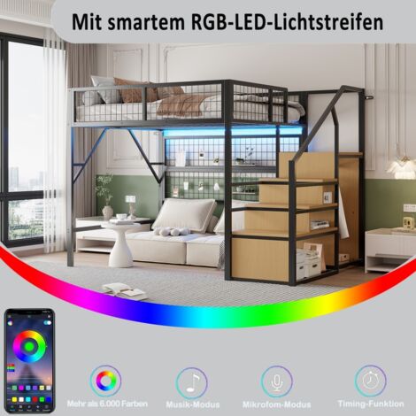 Lit mezzanine avec rangement et LEDs pour enfants et ados-Lit double, escalier-armoire rangement noir-225x145x170cm-Sans matelas