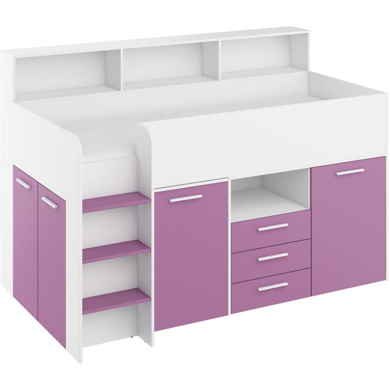 Bim Furniture - bureau lit superposé bibliothèque pour enfants neo l cm206x120x138h lavender blanc