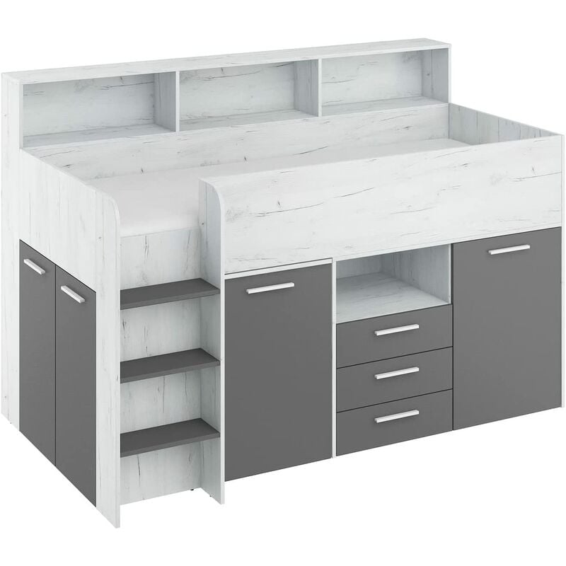 Bim Furniture - bureau lit superposé bibliothèque pour enfants neo l cm206x120x138h blanc graphite brut