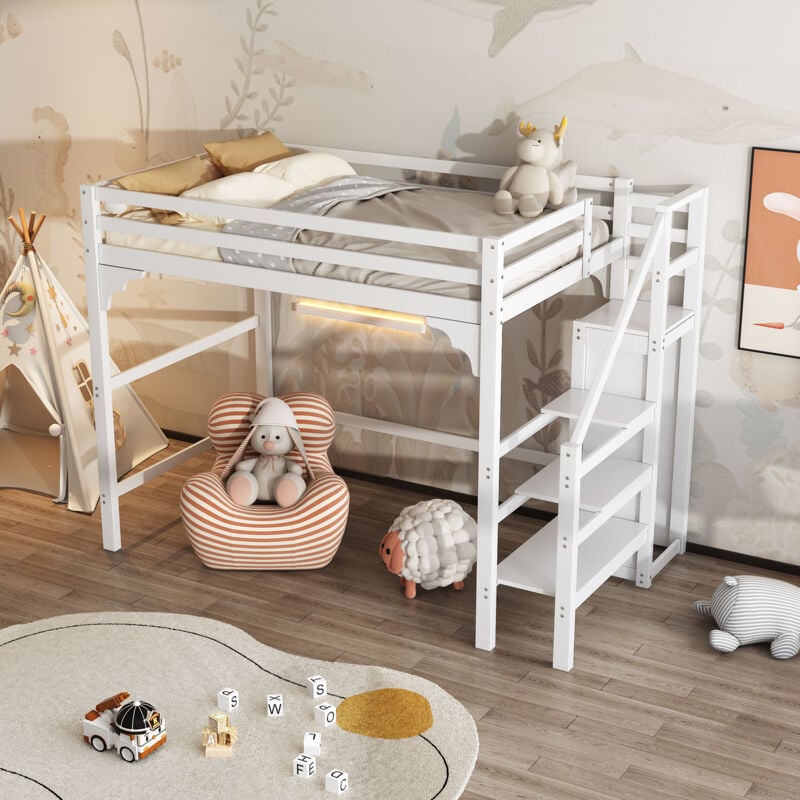 Modernluxe - Lit mezzanine 140x200cm en bois - avec penderie et sommier à lattes - Blanc